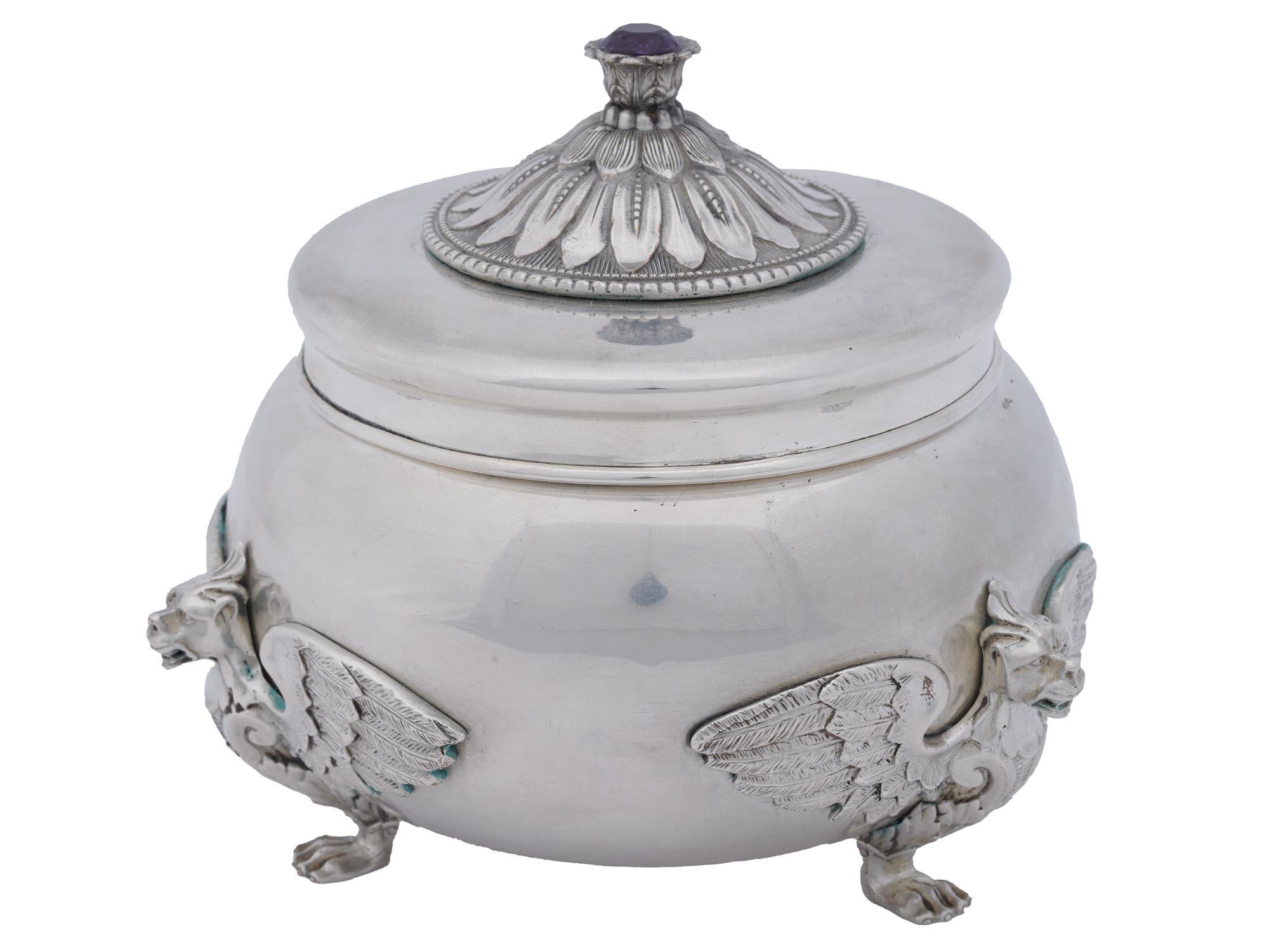 RUSSIAN SILVER AMETHYST GRIFFON SUGAR BOWL PIC-0